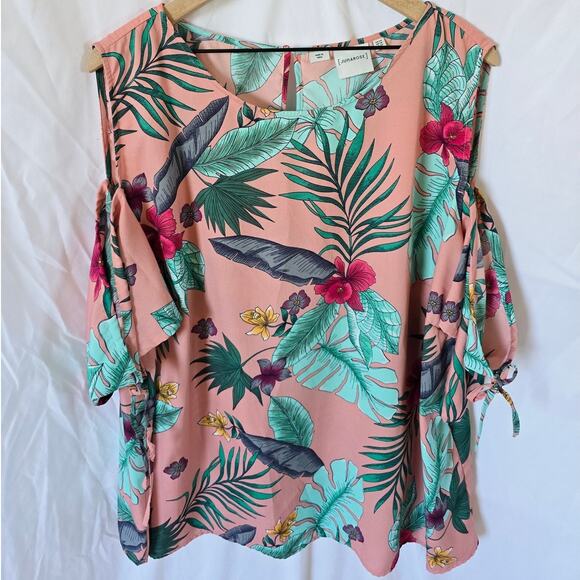 Juna Rose Top Size 18 Short Sleeve Cold Shoulder Pink Tropical Floral Print - Picture 1 of 4